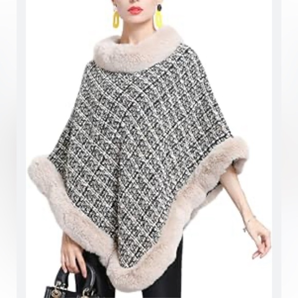 R2 Sweaters - R2 Faux Fur Trim Twead Poncho One Size Beige Black Tan Classy Warm